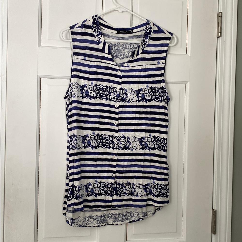 Max Jeans Navy and White Striped Floral Blouse